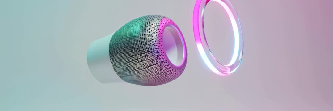 Smart speaker projecting glowing sound ring, voice assistant concept for technology website banner with copy space for text