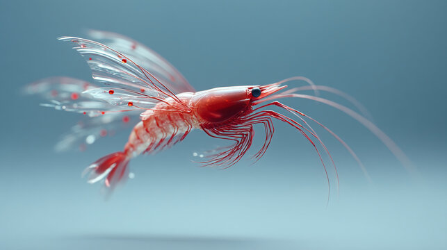 Macro side view of a translucent red shrimp swimming in blue water with crustacean