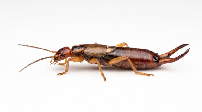 A detailed studio photograph of an earwig insect with its distinctive pincers and antennae visible against a clean white background.