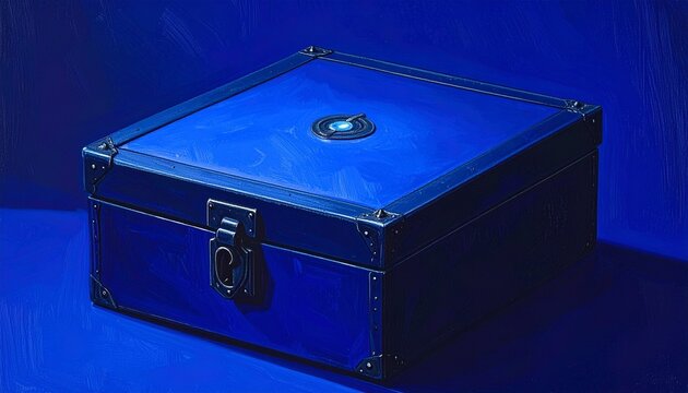 Vintage Metal Box with Latch on Blue Background.
