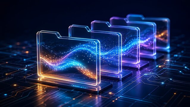 Futuristic digital data transfer concept featuring glowing neon file folders with fiber optic light trails on a cyber circuit board.