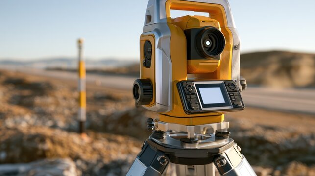 A yellow and silver total station tripod sits on rocky ground next to a surveying rod, with a blurred road and hazy mountains in the background