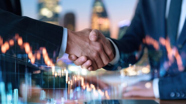 Two businessmen shaking hands in a professional setting, symbolizing a successful deal or partnership, with city lights and financial charts in the background