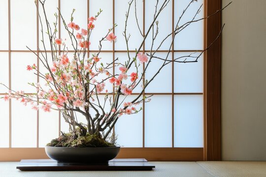 Flower arrangement cherry blossom potted tree branch pink flower indoor plant Japanese style minimalist decor window tatami room