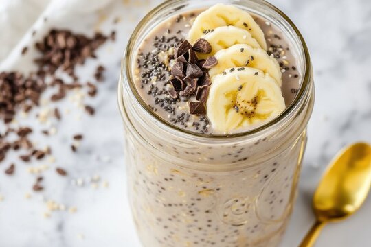 Overnight oat in glass jar with banana slice, chia seed, and chocolate chip topping on bright table
