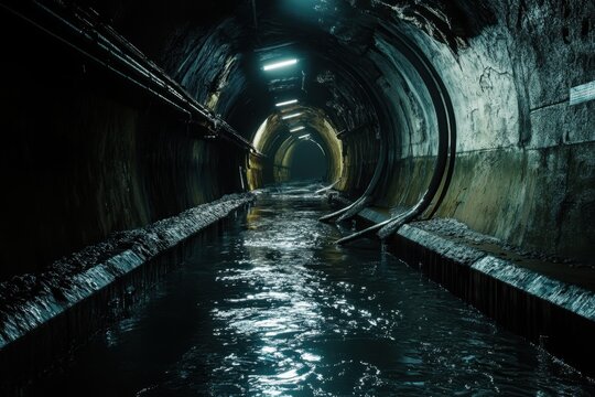 Underground sewer tunnel with dark water and dim light