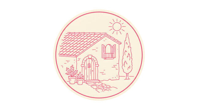 Hand drawn circular emblem illustration of a rustic mediterranean cottage house