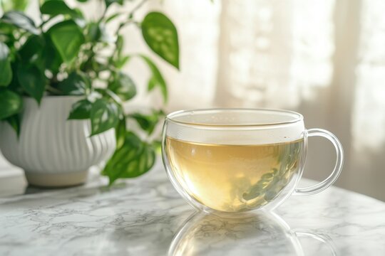 Glass teacup green tea marble table plant soft light calm scene home interior morning tea