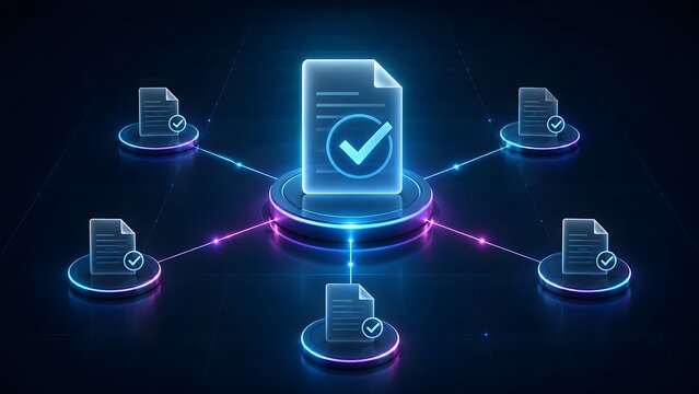Decentralized digital network of verified documents with glowing checkmarks representing secure blockchain consensus and synchronized data approval.