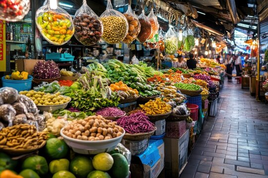 Vibrant traditional Thai market with fresh fruit and vegetable stalls in busy indoor aisle