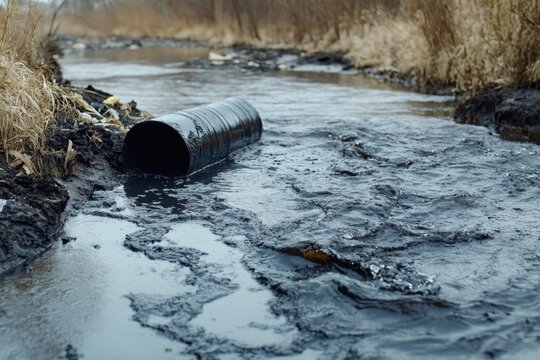 Polluted river with industrial pipe discharging dark waste water into muddy stream, environmental damage and contamination