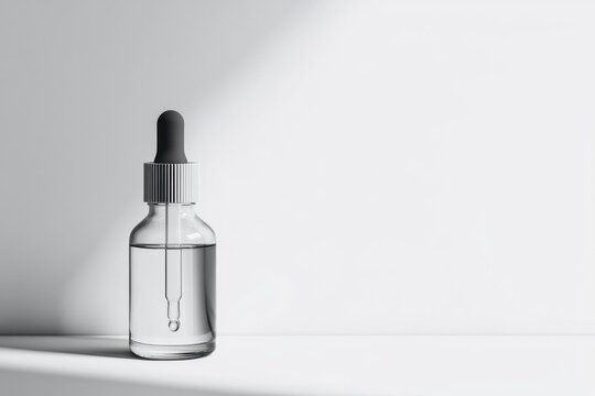 Glass serum bottle with dropper on white background, minimalist product still life with clean shadow