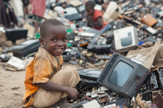 Young African boy smiling in electronic waste dump, dirty shirt, child labor, environmental pollution, urban scrap yard