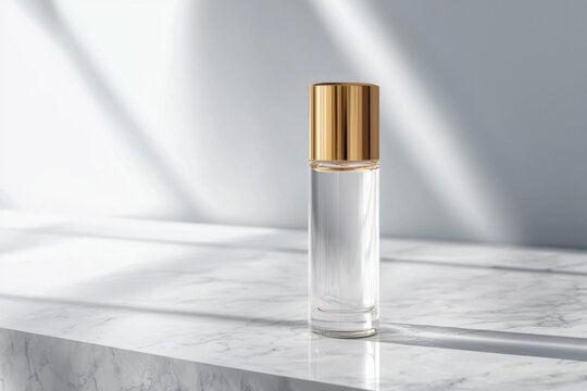 Serum bottle with golden cap clear glass bottle cosmetic container standing upright marble surface soft light studio background minimalist product