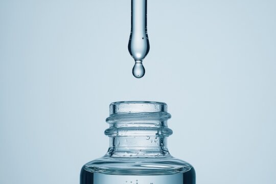 Glass bottle dropper serum liquid glass bottle transparent blue skincare cosmetic beauty pipette drop droplet closeup macro clean minimal laboratory medicine health hydration moisture clear fluid