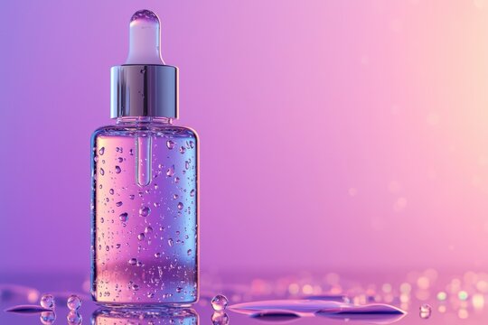 Serum bottle with droplets glass bottle dropper cosmetic skin care liquid purple pink studio product beauty hygiene moisture hydration glass container applicator transparent reflection glossy