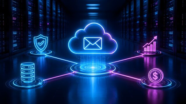 Cloud email marketing and secure financial data storage concept with glowing neon network nodes in a futuristic server room.