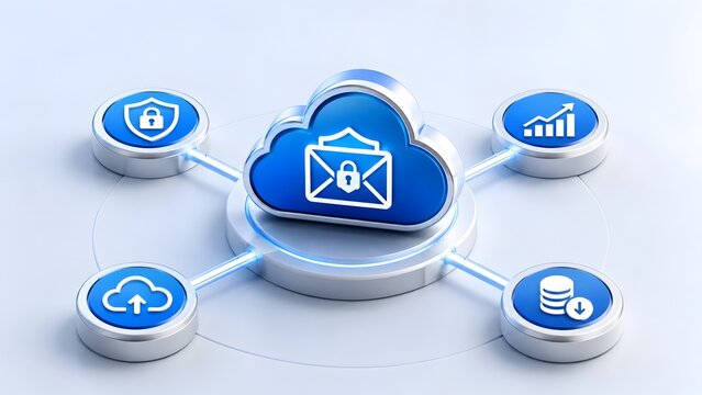 3D illustration of secure cloud computing with encrypted email communication, data protection, and analytics nodes on white background