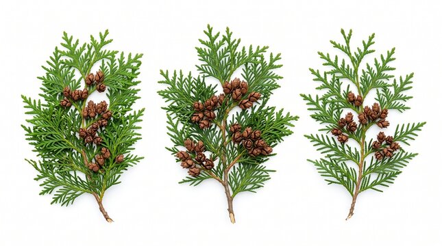 Evergreen thuja branches with brown cones, green cedar cypress twigs set, botanical conifer foliage for winter decor isolated on White Background