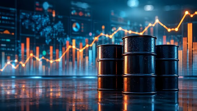Crude oil commodity trading dashboard with barrels and glowing financial charts showing market price fluctuations