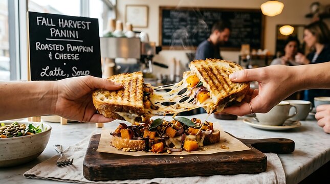 Hands pulling apart a gourmet roasted pumpkin panini with melted cheese in a cafe