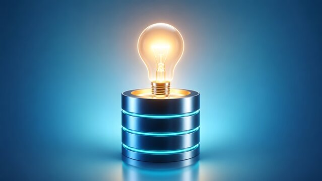 Bright glowing lightbulb resting on a digital database server stack symbolizing smart data solutions and technological innovation