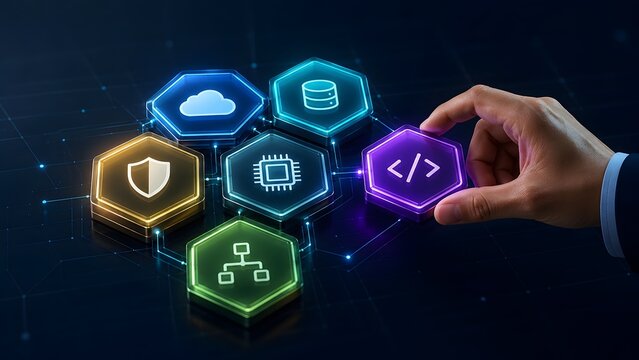 Developer hand connecting a coding hexagon into a digital tech ecosystem with cloud database and security icons