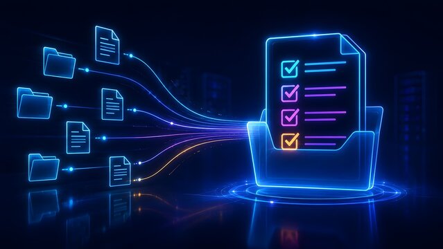 Glowing digital folders transferring file data into a central checklist document symbolizing automated compliance and workflow aggregation