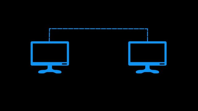 Two computer monitors connected by a dashed line animation on a black background