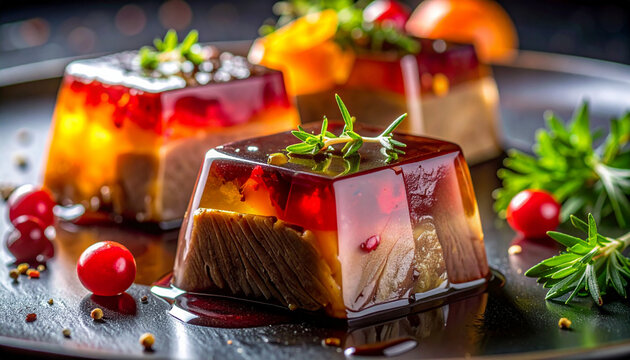 Glazed beef aspic with glossy surface, elegant Russian fine dining presentation
