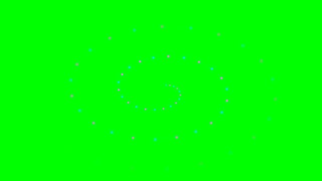 A vibrant spiral pattern formed by small colorful dots on a green background