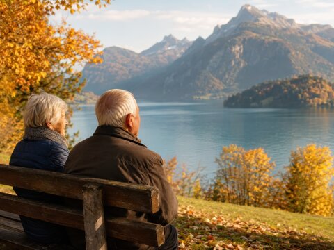 Seniorenpaar auf einer Bank mit Blick auf einen herbstlichen See in der Schweiz. Die friedliche Szene verbindet Naturgenuss, Reisen im Alter und die Ruhe eines goldenen Herbsttags.