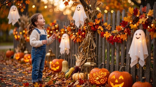 Curious Child Admiring Elegant Halloween Decorations with Glowing Pumpkins and Autumn Copy Space