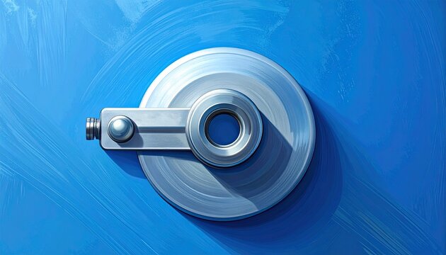 Industrial metal pulley wheel on blue background.