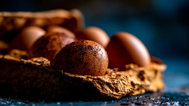 Fresh brown organic chicken eggs resting in a cardboard carton on a dark background