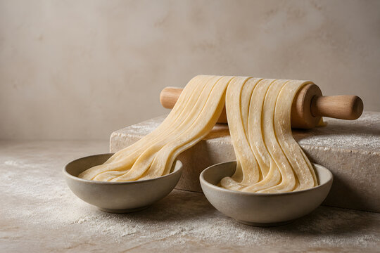 Tactile noodle craft still life with ceramic bowls
