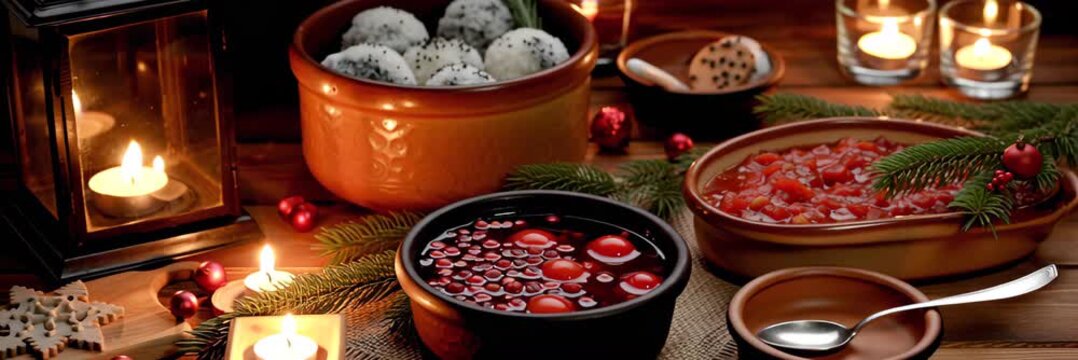 Traditional Christmas dinner table with candles and dishes, hospitality concept for holiday website banner