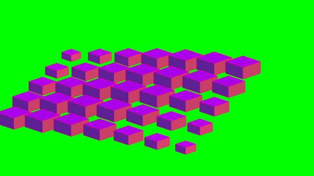 A grid of purple and pink three dimensional blocks on a bright green background