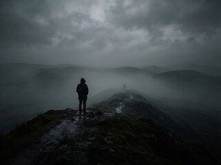 Fototapeta premium A lone person standing on a foggy mountain ridge looking into the distance.