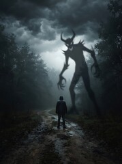 Fototapeta premium A lone man standing on a dark forest path facing a giant shadowy horned monster.