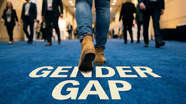 Person walking on gender gap text on blue carpet