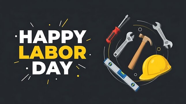 Happy Labor Day text with construction tool illustration