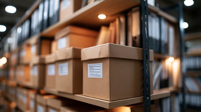 Cardboard boxes of old document files arranged neatly along wooden shelves with handwritten labels bright storage room crisp cardboard texture soft even light archive boxes