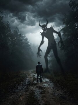 A lone man standing on a dark forest path facing a giant shadowy horned monster.