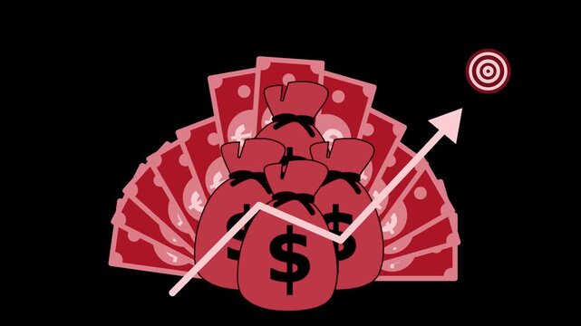 Money bags with upward arrow animation, Animation of money bags and bills with an upward arrow symbolizing financial growth