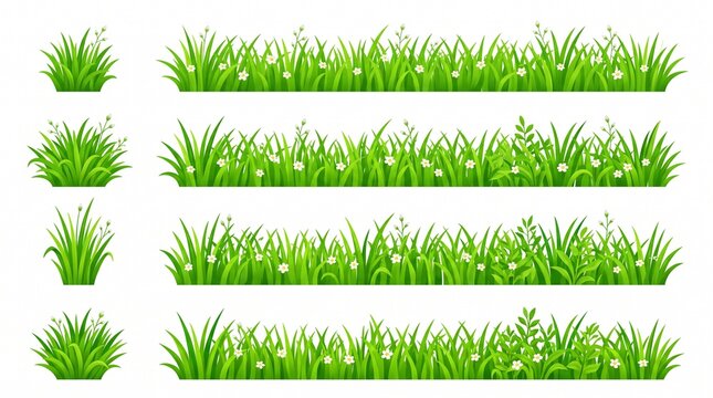 Vibrant green grass borders and bushes, a collection of natural spring and summer lawn elements. Fresh garden and meadow foliage for landscape design and outdoor scenes.
