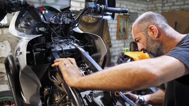 Professional mechanic repairing detail of motorcycle at workplace. Male repairer fixing engine of moto at workshop. Adult repairman mending vehicle motor at garage. Concept of maintenance service