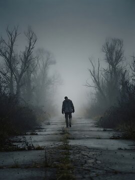 A lonely man walking down an abandoned road surrounded by thick fog and bare trees.