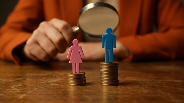 Magnifying glass inspecting figurines on coin stacks