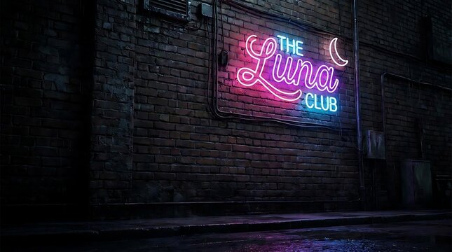 Glowing neon sign on dark brick wall